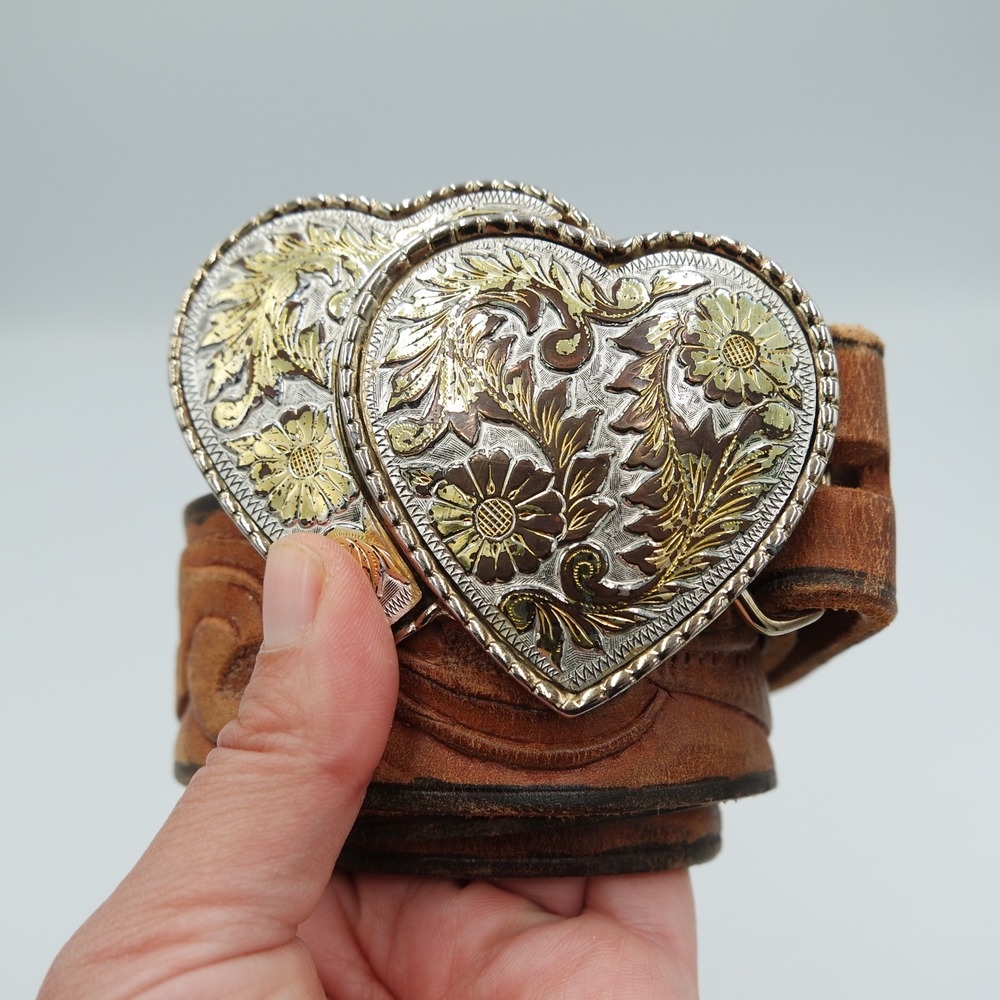 Vintage Western Double Heart Buckle Tooled Leather Belt Brown 35" Made in USA